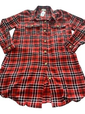 NWT Red Plaid Long Button Front Tunic Length Top L New